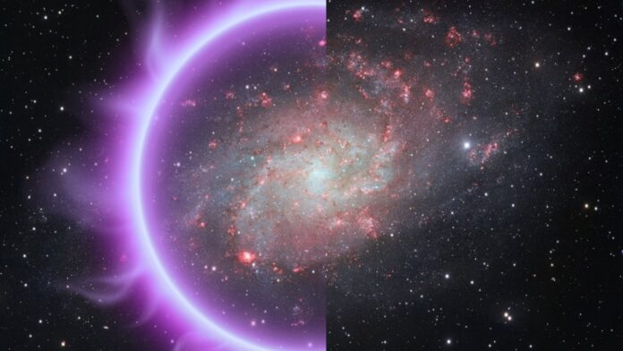Side-by-side comparison of galaxy Messier 33 showing left model with dark matter halo and right model without dark matter