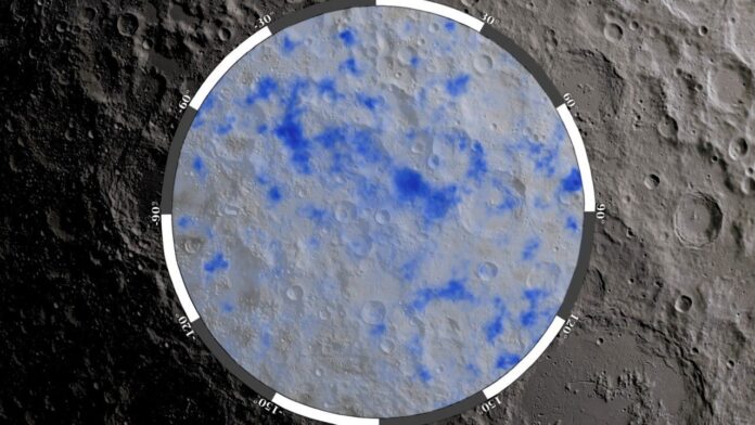 Areas of the Moon’s south pole with possible deposits of water ice, shown in blue.